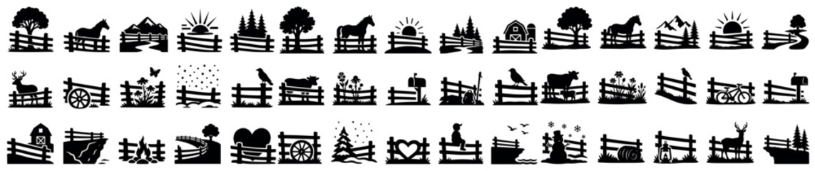 Obraz premium Rural fence icons set. Farm fence and nature symbols. Horse, deer, cow, barn, tree, mountain, sun, flowers, bird. Solid black silhouette style