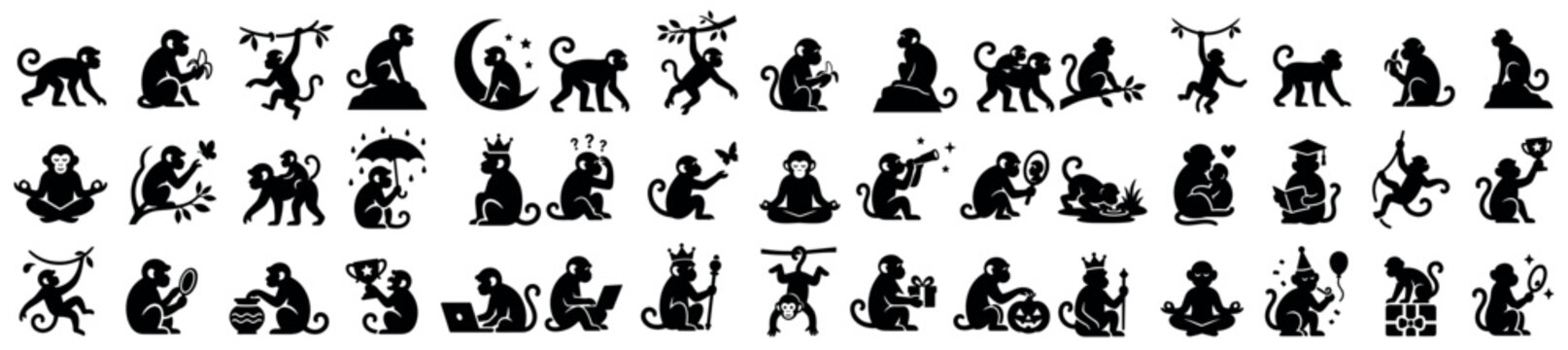 Monkey icons set. Monkeys in various poses and activities. Eating banana, meditating, on tree branch, holding umbrella. Solid black silhouette style