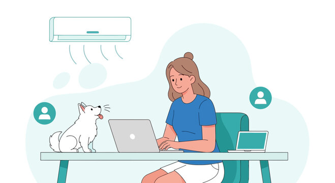 Woman working from home with dog and laptop, air conditioner cooling the room