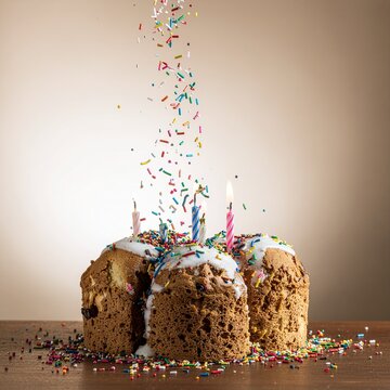 Small easter cakes with lit candles and colorful sprinkles falling baked goods food and dri