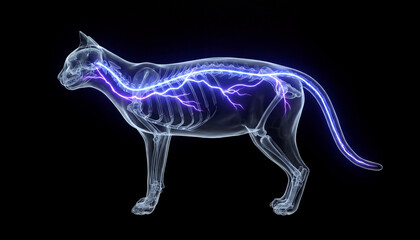 Fototapeta premium Scientific illustration of cat anatomy showing spinal cord and neural network.