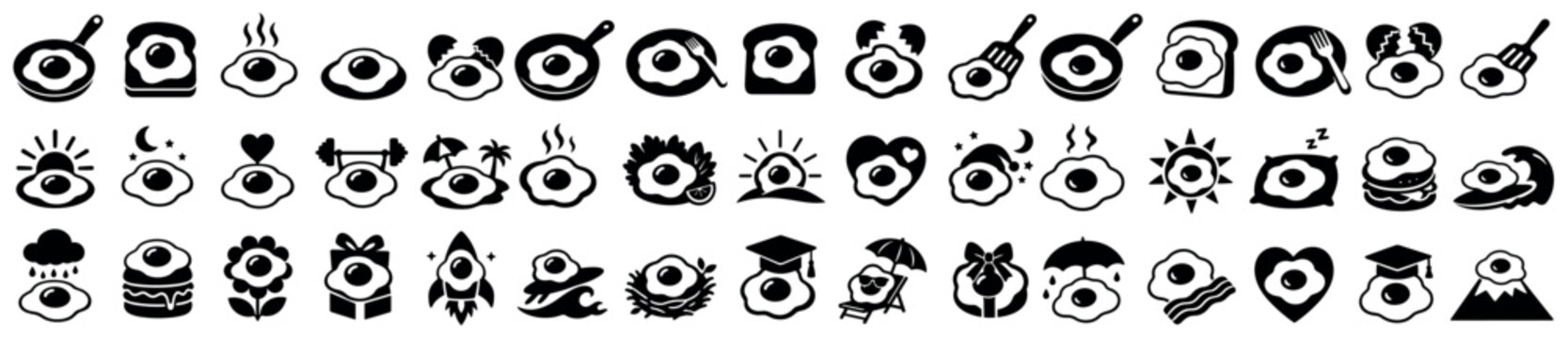 Fried egg icons set. Breakfast food icon. Cooking, pan, toast, hot, broken egg. Sun, moon, heart, barbell, beach, salad, pillow, burger, wave, nest, graduation, umbrella, bacon. Solid black