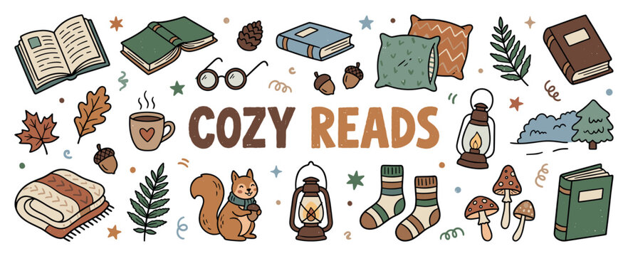Cozy reads icons set. Autumn reading elements. Books, coffee, blanket, squirrel, socks. Cozy fall season hand-drawn doodle style