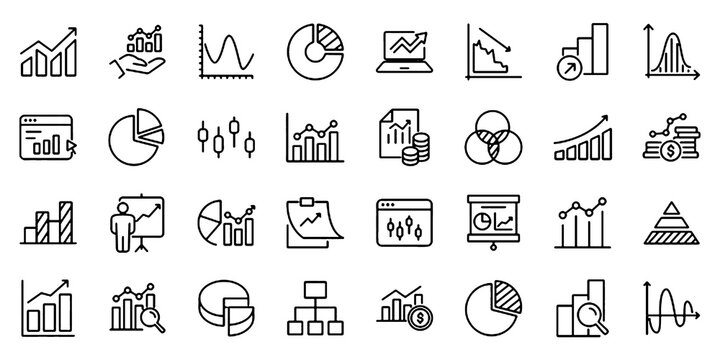 Business Graphs & Charts Line Icon Set, Analytics Statistics Vector Transparent Background