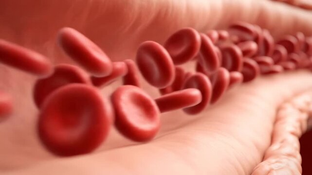 Red blood cells flowing through human artery in microscopic view. Perfect for medical education, healthcare presentations, scientific research, and biological animations