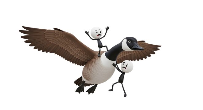 Characters riding a large flying goose in the air