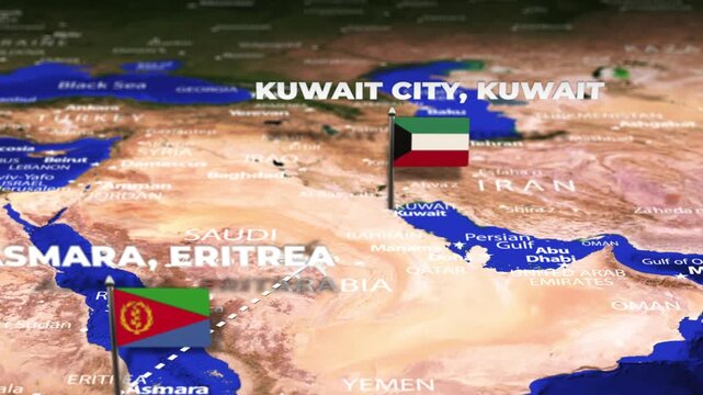 Flight From Asmara ERITREA to Kuwait City KUWAIT with flag pins