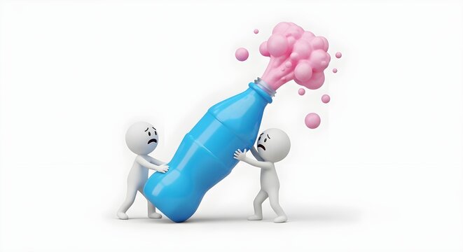 Characters struggling with an exploding soda bottle