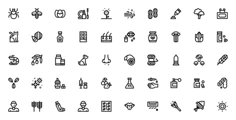 Allergies icon set. Medical allergy vector icons pack. Minimal line art. Includes symbols for pollen, dust, peanut, milk, egg, cat, dog, mite, wasp, fish, and more. Editable vector stroke. © wang