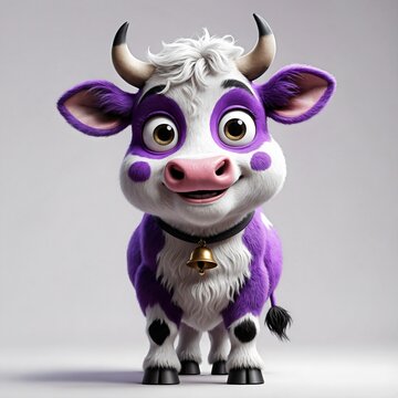 A cute cartoon cow with purple and white markings and a bell around its neck, looking forward with a smile