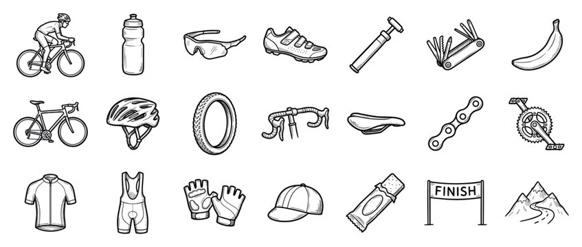 Cycling equipment icons set. Bicycle and cyclist icon. Helmet, water bottle, sunglasses, shoe, pump, multitool, banana. Cycling apparel, cap, energy bar, finish line, mountains. Hand-drawn