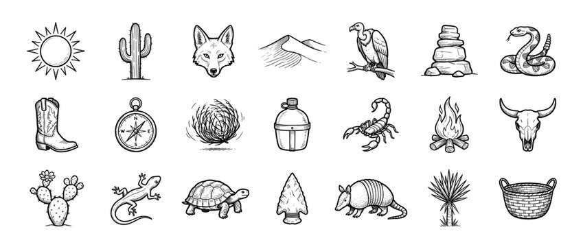 Desert and wild west icons set. Sun, cactus, fox, mountains, vulture, rocks, snake. Cowboy boot, compass, tumbleweed, canteen, scorpion, campfire, bull skull. Prickly pear, lizard, turtle,