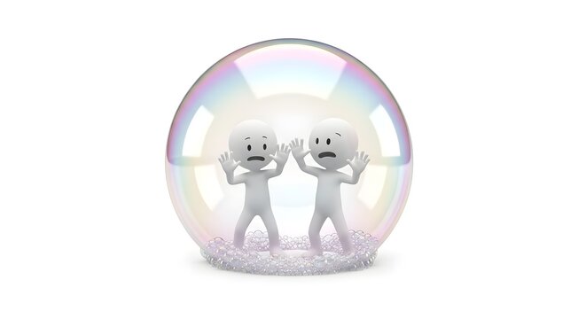 Two 3d characters trapped inside a glowing soap bubble