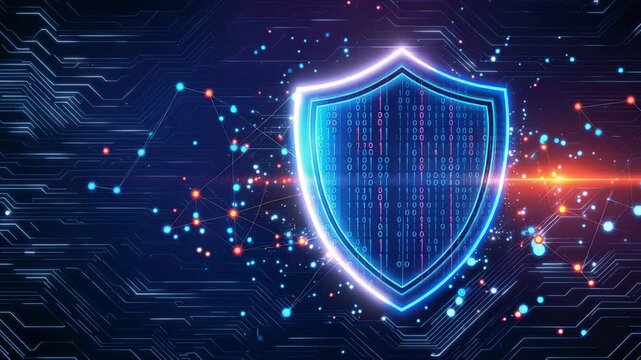 Cyber security concept with a glowing digital shield on a circuit board background 4k video