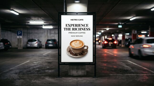 Coffee Advertisement in a Parking Garage - Experience the Richness of Coffee.