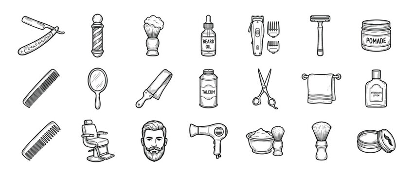 Barbershop tools icons set. Hairdressing and shaving equipment. Straight razor, barber pole, shaving brush, beard oil. Hair clipper, safety razor, pomade, comb. Hand-drawn doodle style