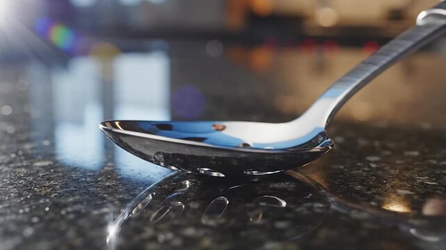 Shiny Metal Slotted Serving Spoon Resting on Dark Granite Countertop