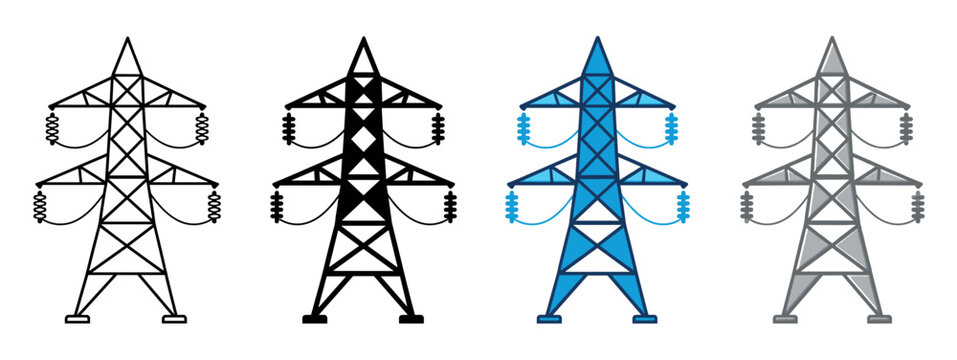 Electric power transmission tower icons set. High voltage power line symbol. Electricity pylon icon. Energy, industrial symbol. Flat and line style