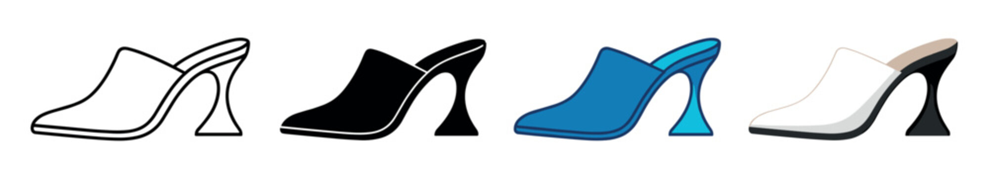 High heel mules icons set. Women's fashion footwear. Elegant shoe icon. Female accessory symbol. Mules, high heels, fashion, style. Outline, solid, and flat style