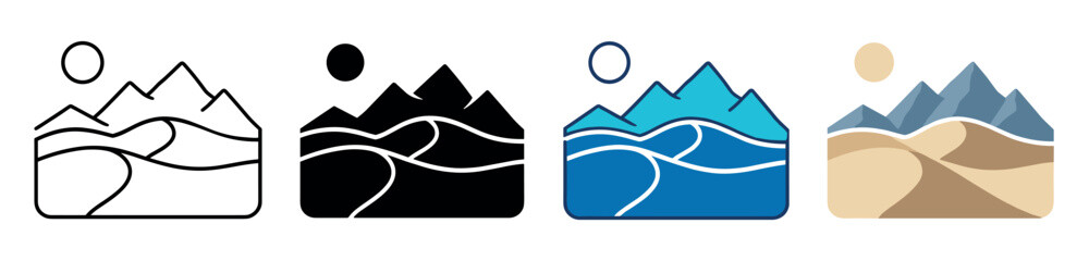 Fototapeta premium Mountain and desert icons set. Landscape with sun icon. Nature, outdoor symbol. Desert dunes, mountain peaks. Flat and line style