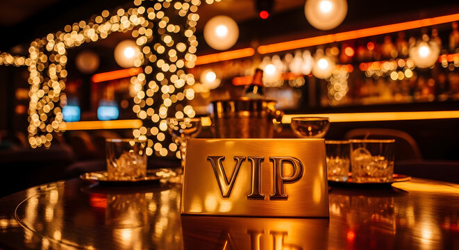 VIP sign placed on a wooden table inside a luxury nightclub with golden bokeh lights and blurred bar background