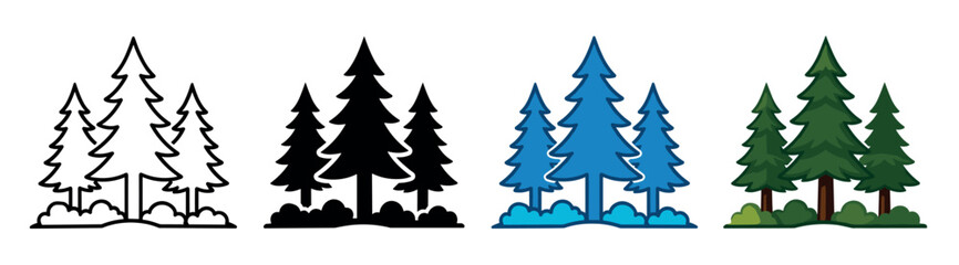 Obraz premium Pine tree forest icons set. Evergreen trees icon. Nature, wood, plant symbol. Christmas tree icon. Flat and line style