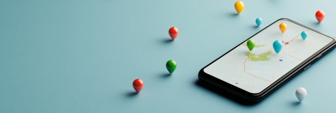 Smartphone displaying a map with a plotted route marked by colorful location pins, symbolizing navigation and route planning on a mobile device