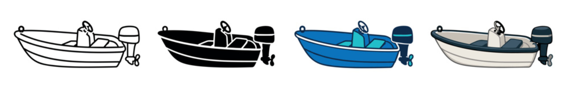 Motorboat icons set. Small boat with outboard motor. Water transport symbol. Fishing boat icon. Recreational vehicle flat and line style