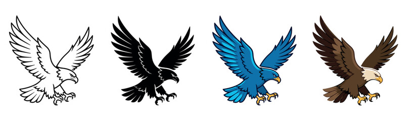 Obraz premium Eagle bird icons set. Flying eagle icon. Predator bird symbol. Freedom, power, strength concept. Outline, silhouette, and cartoon style