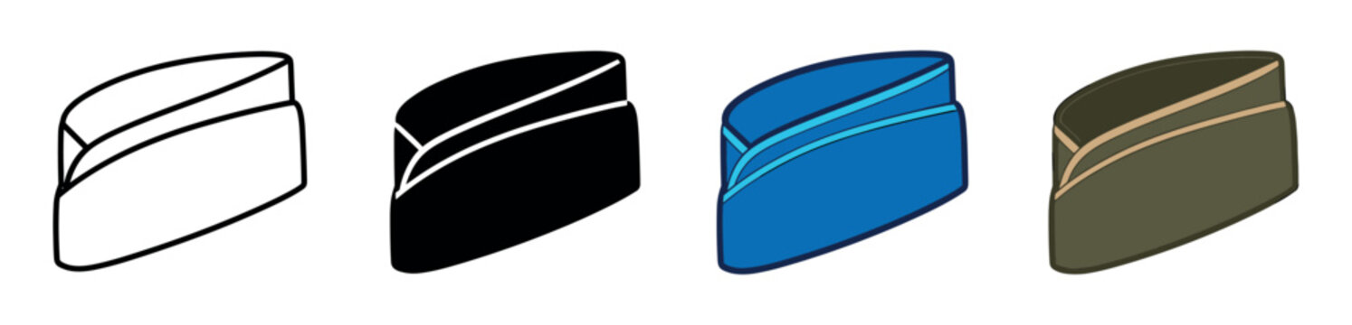 Garrison cap icons set. Military hat icon. Soldier uniform symbol. Army headwear. Flat and line style