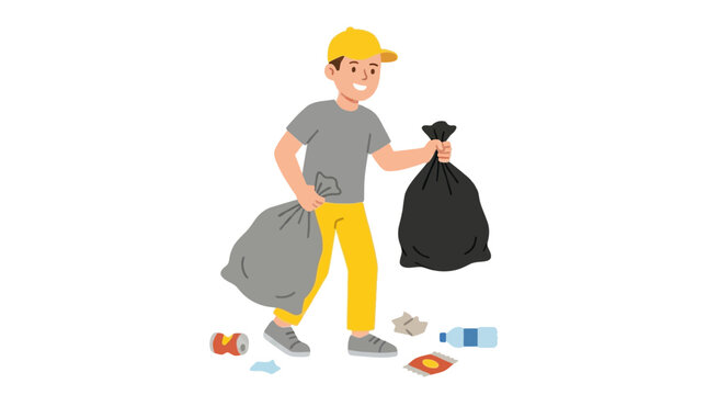 Cartoon man collecting trash with two bags on a white background