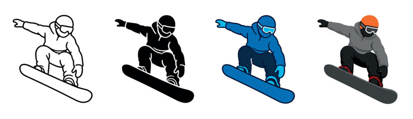Fototapeta premium Snowboarder icons set. Person on snowboard icon. Winter sport symbol. Snowboarding activity. Flat, line, and solid style