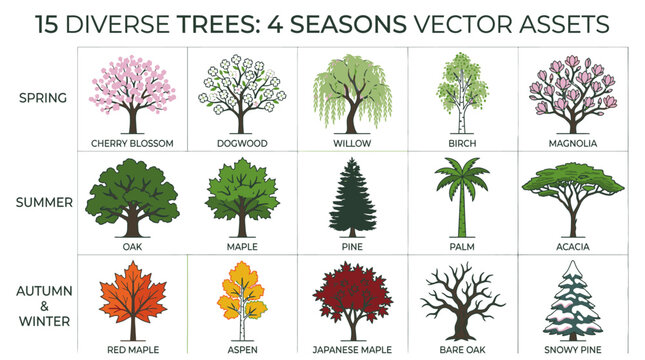 Collection of diverse trees representing each season with distinct foliage and branch structures.