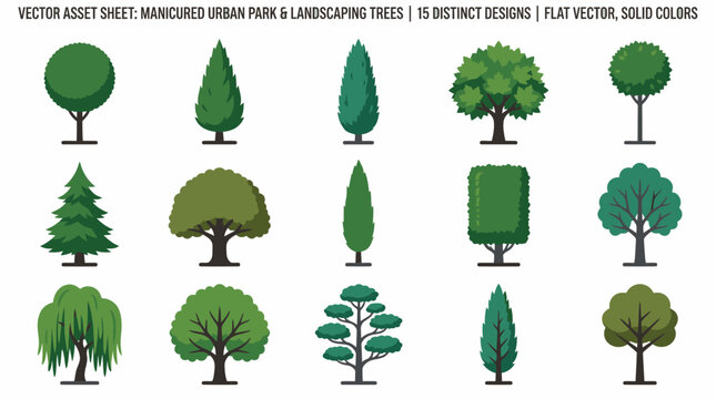 Collection of 15 distinct stylized trees for landscaping and urban park design.