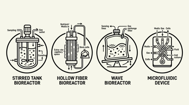 Cell culture bioreactor and microfluidic device icons.