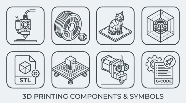3D printing technology components and symbols line art set.