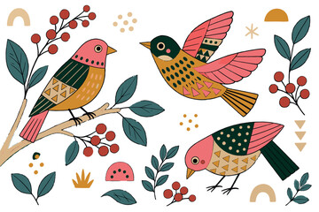 Fototapeta premium Folk art birds icons set. Colorful birds and botanical elements. Bird on branch. Flying bird. Berries, leaves, abstract shapes. Hand-drawn doodle style
