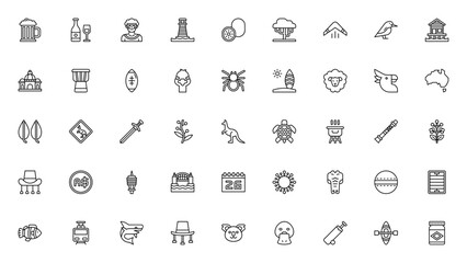 Australia icon set. Minimalist line icons. Featuring kangaroo, koala, boomerang, Sydney Harbour Bridge, crocodile, cricket, BBQ, Vegemite and more. Editable stroke. © wang