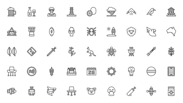 Australia icon set. Minimalist line icons. Featuring kangaroo, koala, boomerang, Sydney Harbour Bridge, crocodile, cricket, BBQ, Vegemite and more. Editable stroke.