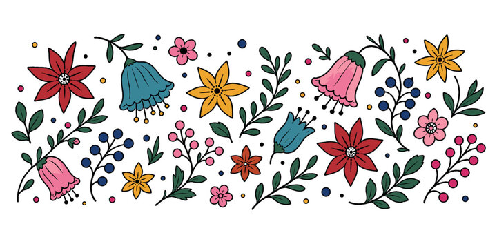 Floral pattern icons set. Decorative flower and leaf elements. Colorful blossoms, berries, branches. Nature, spring, garden symbol. Hand-drawn doodle style