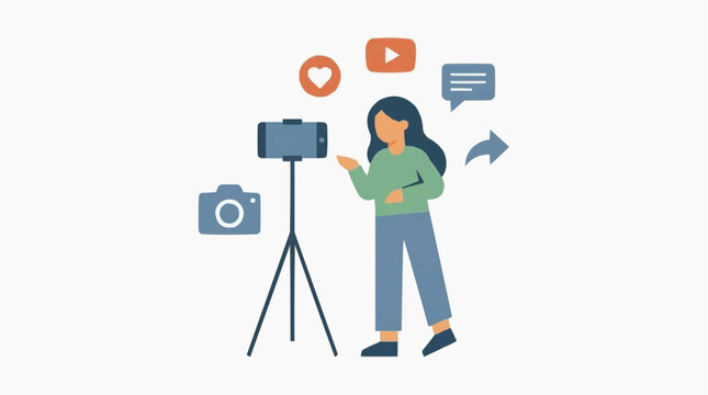 Ilustra&ccedil;&atilde;o vetorial minimalista de influenciador digital gravando conte&uacute;do para redes sociais, c&acirc;mera e &iacute;cones sociais ao redor, isolado em fundo branco.