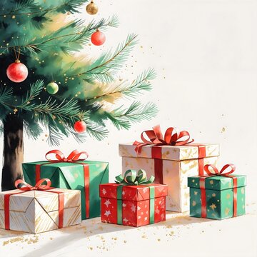 A beautifully decorated Christmas tree stands adorned with baubles, while a collection of vibrantly wrapped presents sits beneath, evoking the magic and anticipation of the holiday season.