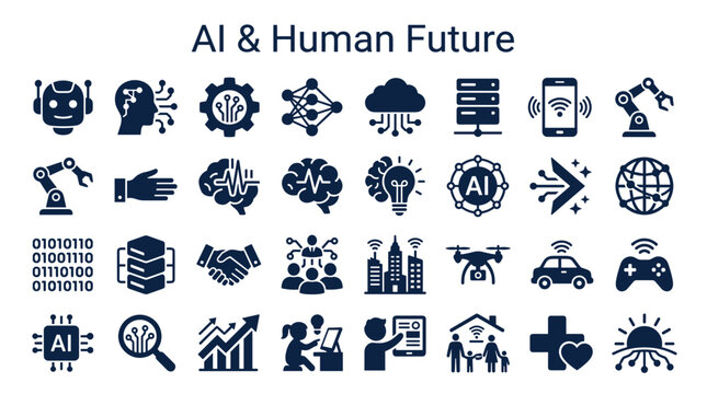 AI and Human Future Concept Icons Set Featuring Technology Robotics Brains Networks and Global Connections