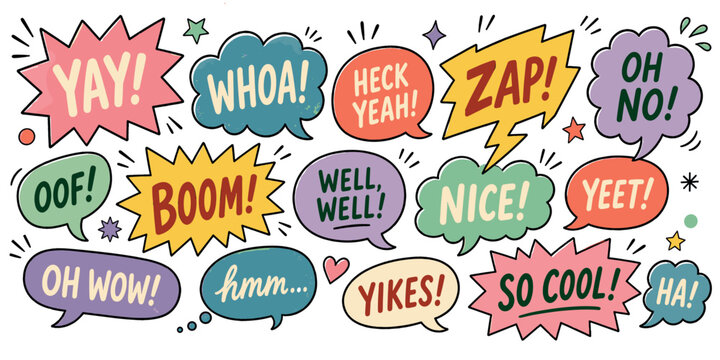 Comic speech bubbles icons set. Expressive cartoon text balloons. Yay, Whoa, Zap, Boom, Nice, Oh No, Yikes, So Cool. Hand-drawn doodle style
