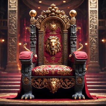 An ornate, majestic throne of rich red velvet and intricate gold detailing, adorned with lion motifs, stands in a grand, opulent hall, exuding power and regality.