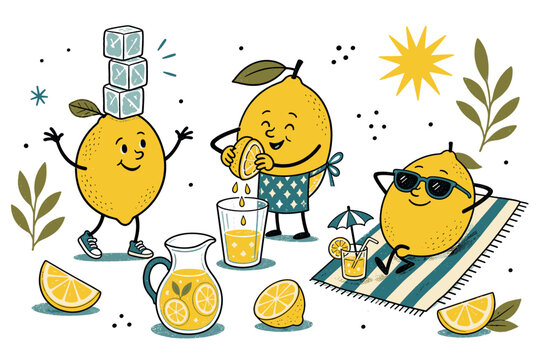 Lemon characters icons set. Happy lemons making lemonade. Summer drink, fresh citrus. Fun, healthy food. Hand-drawn doodle style