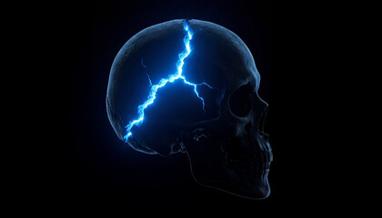 Obraz premium Cracked human skull with bright blue lightning strike on black background.