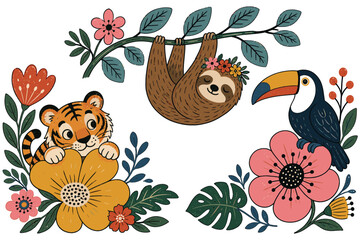 Fototapeta premium Jungle animals and flowers icons set. Cute tiger, sloth, toucan. Tropical plants and flowers. Exotic wildlife. Hand-drawn doodle style