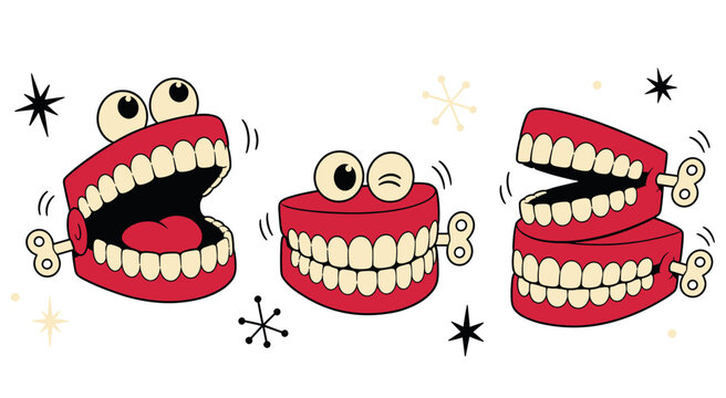 Chattering teeth toy icons set. Wind-up teeth toy icon. Funny teeth symbol. Dental toy. Cartoon flat and line style