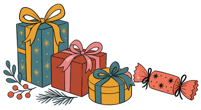 Christmas gifts and decorations icons set. Presents with bows and ribbons. Berries, pine branch, candy. Holiday celebration elements hand-drawn doodle style